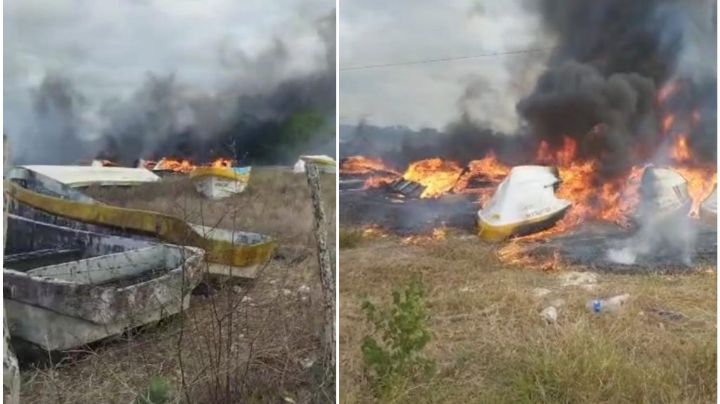 Río Lagartos:  Incendio en refugio pesquero arrasa con lanchas