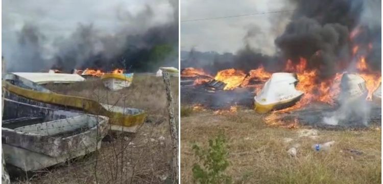 Río Lagartos:  Incendio en refugio pesquero arrasa con lanchas